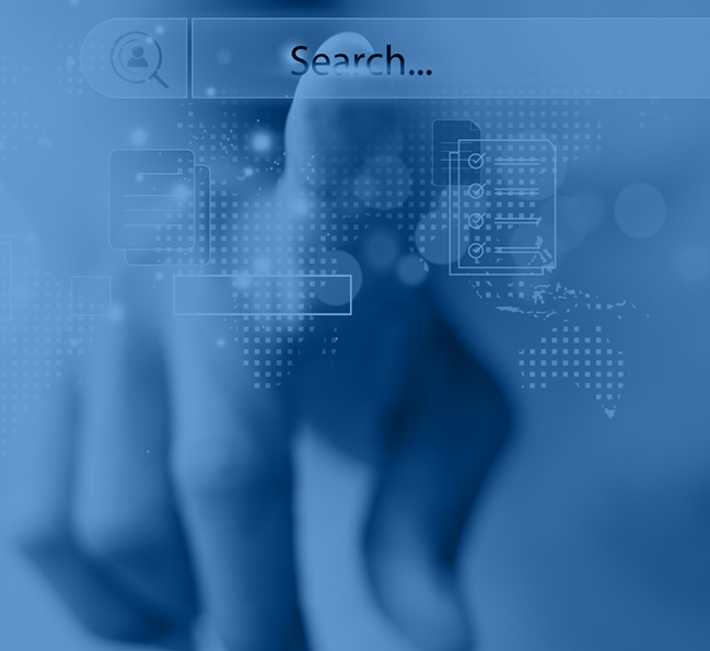 Blue image of a finer pointing at the viewer that is touching a search bar.